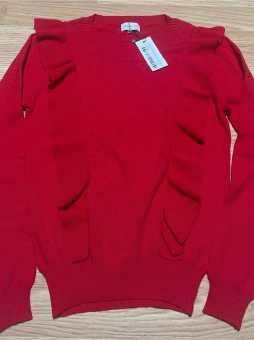 Sugarlips Red Ruffle-Trim Crewneck Sweater